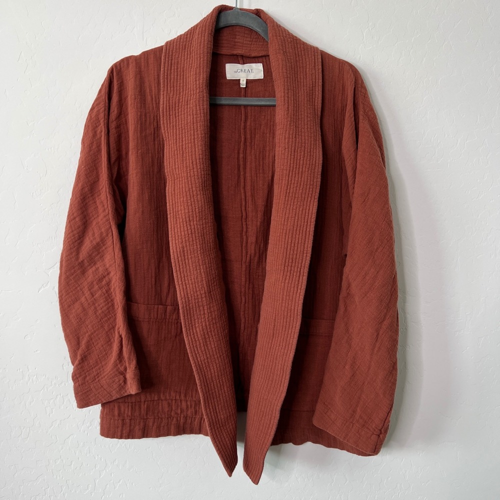 The Great Cardigan Jacket Women Size 0 Rust Cotton Quilted Shawl Collar Gauze
